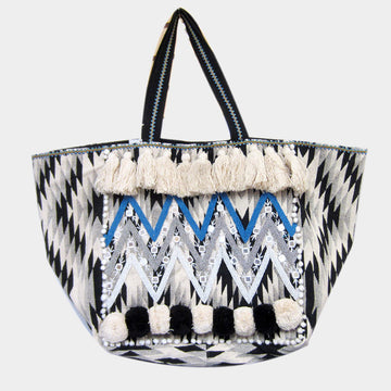 Madeline Love Blue Boho Seed Beaded Zigzag Chevron Detailed Pom Pom Tassel Shoulder Bag - Bags & Wallets
