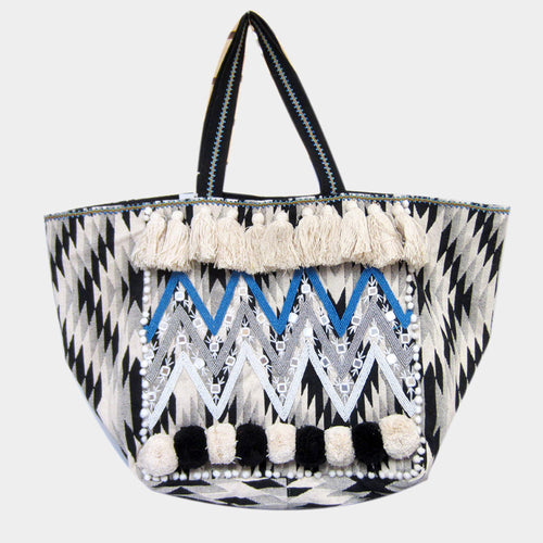 Boho Seed Beaded Zigzag Chevron Detailed Pom Pom Tassel Shoulder Bag - Blue