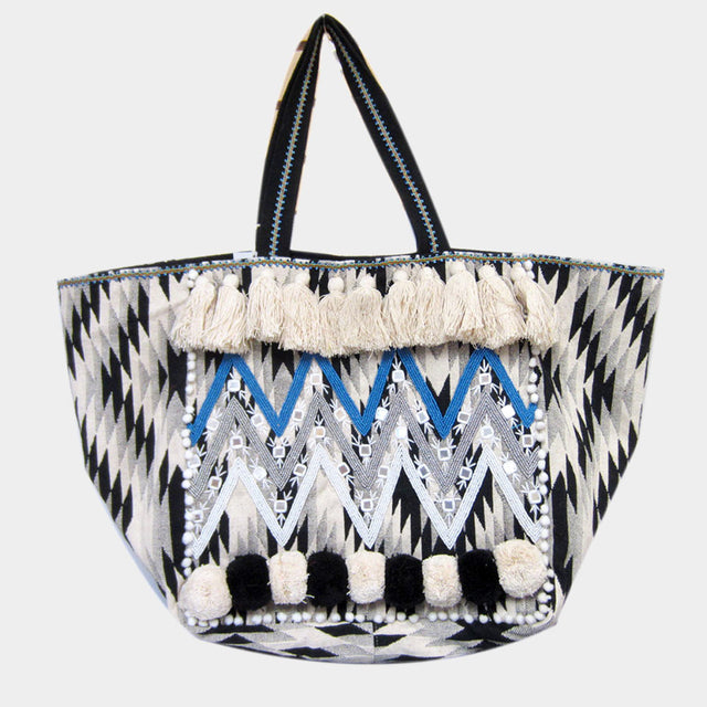 Madeline Love Blue Boho Seed Beaded Zigzag Chevron Detailed Pom Pom Tassel Shoulder Bag - Bags & Wallets