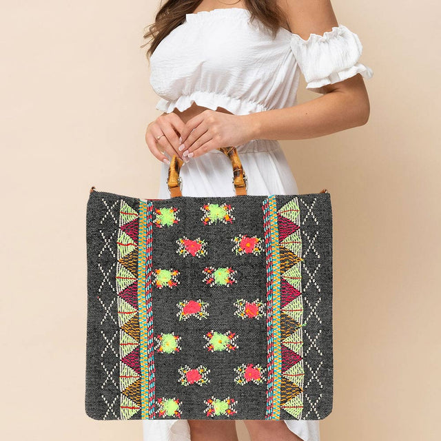 Madeline Love Multi Handwoven Embroidery Boho Pattern Bamboo Handle Tote / Crossbody Bag - Bags & Wallets