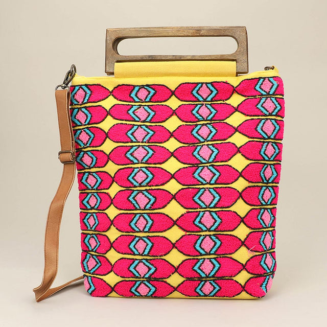 Madeline Love Multi Boho Geometric Pattern Wooden Handle Tote / Crossbody Bag - Bags & Wallets