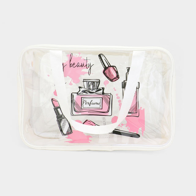 Madeline Love White Cosmetic Printed Translucent Mesh Divided Shoulder Bag / Tote Bag - Bags & Wallets