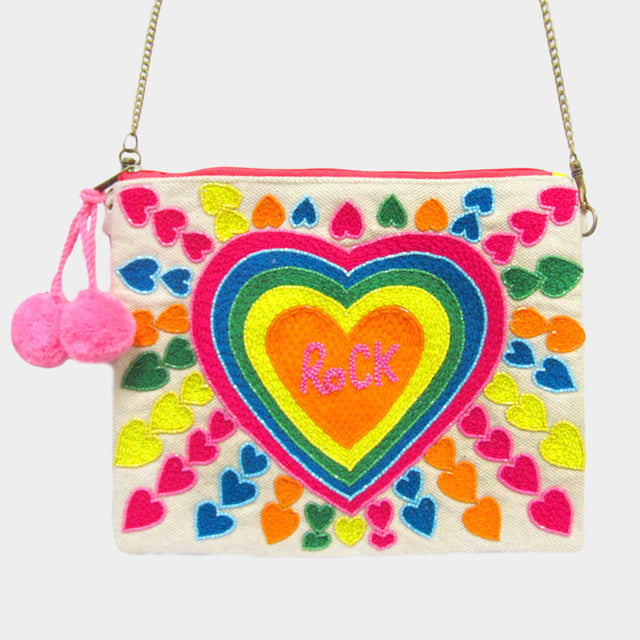 Heart Accented Pom Pom Crossbody Bag - Multi