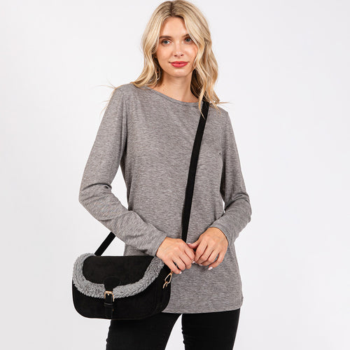 Fleece Trimmed Solid Crossbody Bag - Black