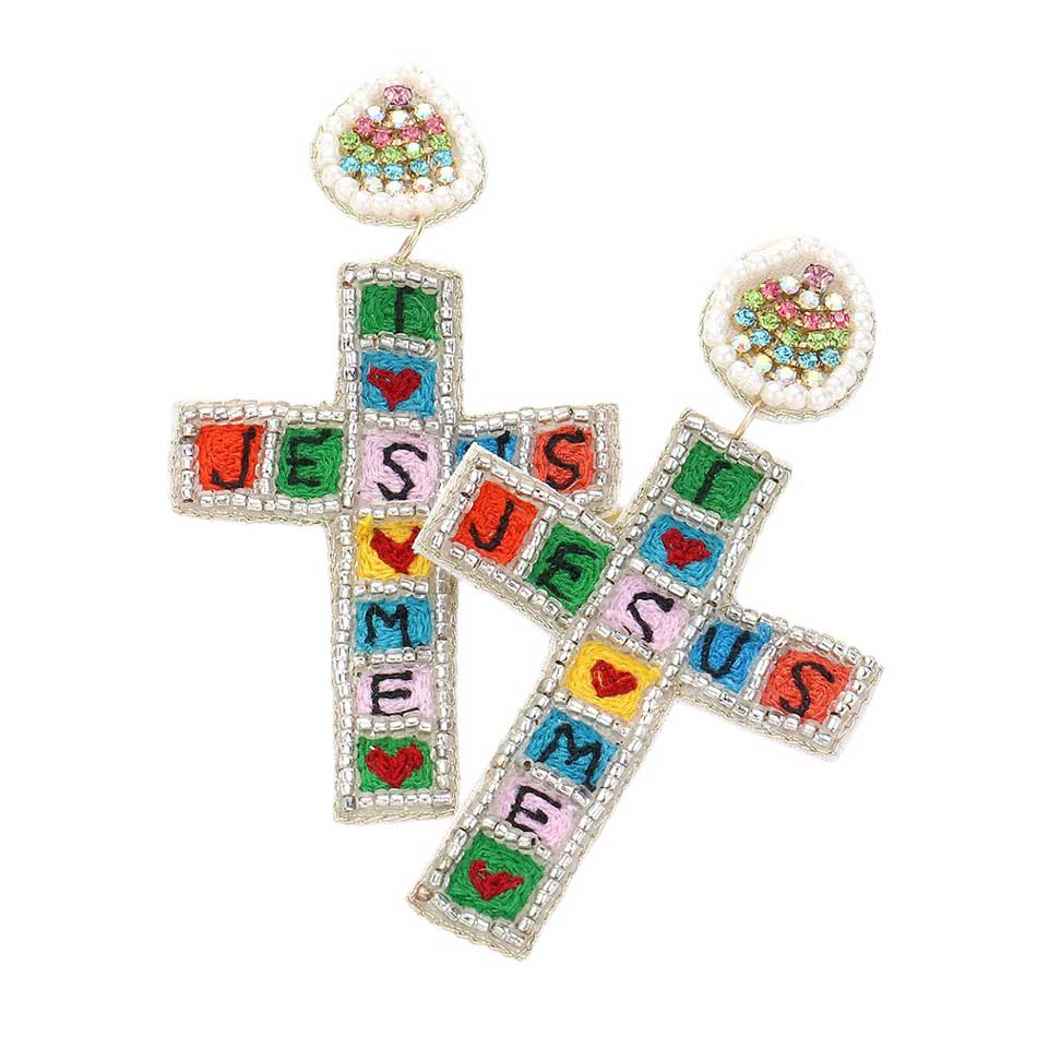 Felt Back JESUS Message Beaded Cross Dangle Earrings are a beautiful way to showcase your faith. The intricate beaded cross design is complemented by the felt backing, providing comfort and style. Embrace your spirituality with a touch of elegance.