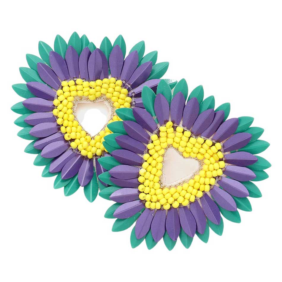 Felt Back Mardi Gras Seed Beaded Feather Heart Earrings, Expertly crafted with intricate details, these earrings will add a touch of festive flair to any outfit. The colorful seed beads and feathers combine for a unique and eye-catching design. Perfect for celebrating the carnival season or everyday wear.