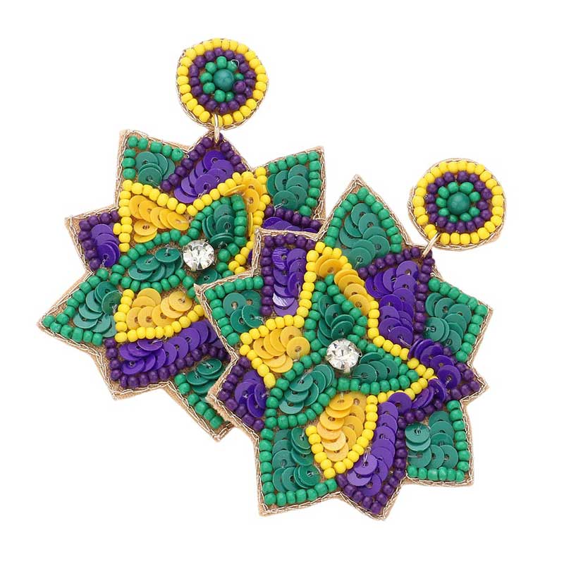 Felt Back Seed Beaded Mardi Gras Flower Dangle Earrings, are expertly designed to add a touch of festive elegance to any outfit. The intricate beadwork and soft felt backing provide both unique style and comfort. Perfect for Mardi Gras celebrations or anytime you want to make a statement. Show off your festive spirit.