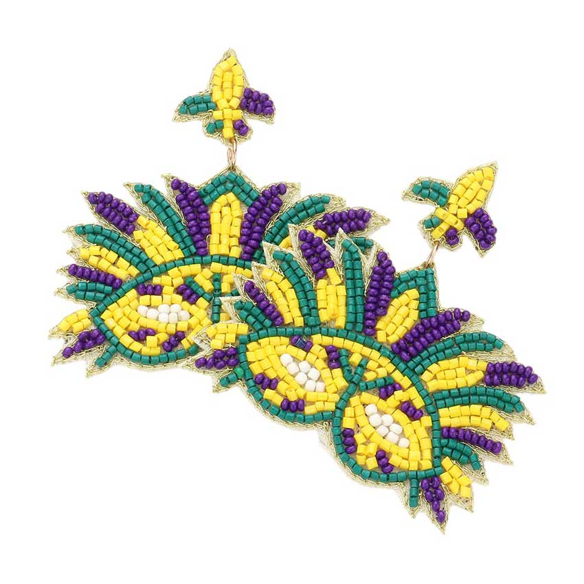 Felt Back Seed Beaded Mardi Gras Mask Dangle Earrings, are expertly designed to add a touch of festive elegance to any outfit. The intricate beadwork and soft felt backing provide both unique style and comfort. Perfect for Mardi Gras celebrations or anytime you want to make a statement. Show off your festive spirit.