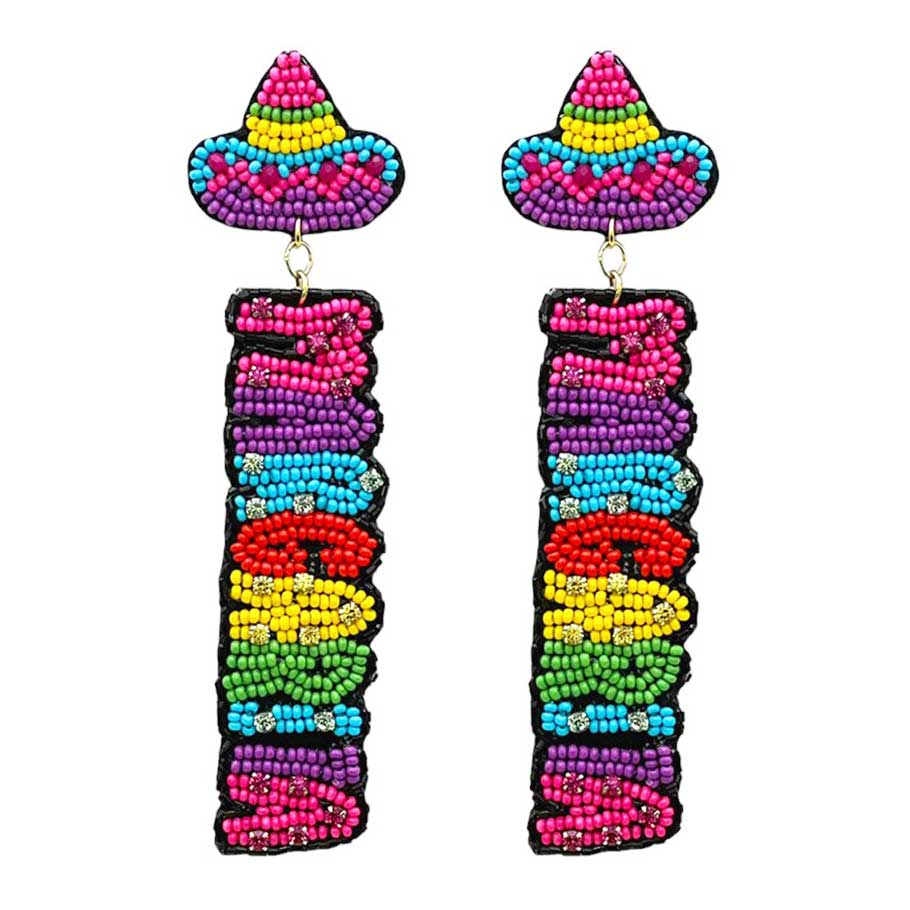 Felt Back Seed Beaded Margarita Message Fiesta Dangle Earrings, The delicate seed bead detailing and festive margarita design make them a unique and stylish addition to any jewelry collection. Perfect for a fiesta or any festive occasion, these earrings are a must-have for those who love bold and vibrant accessories.
