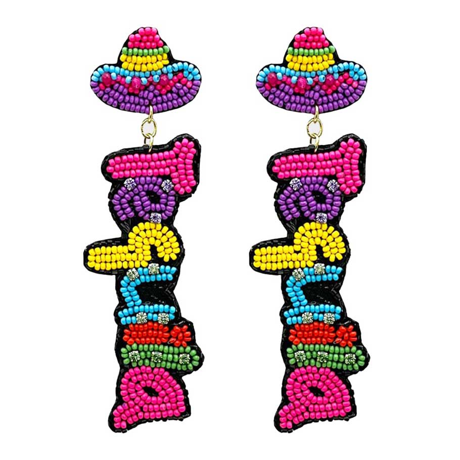 Felt Back Seed Beaded Tequila Message Fiesta Dangle Earrings, Add a splash of fun and color to your outfit with these party earrings! These earrings feature a unique felt backing and vibrant seed beads that will surely make a statement. Perfect for any fiesta or night out, they will surely be a conversation starter.