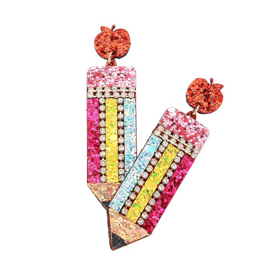 Felt Back Sequin Pencil Dangle Earrings, Enhance your wardrobe with these playful dangle earrings. The sleek and stylish design features a felt backing for comfort and sequin details for added flair. Add some sophistication to any outfit with these expertly crafted earrings. Perfect for any occasion.