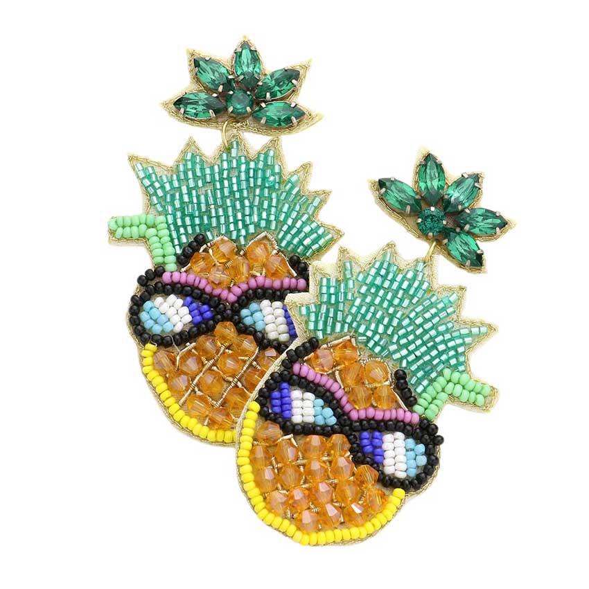Felt Back Stone Beaded Pineapple Dangle Earrings add a touch of elegance and whimsy to any outfit. The unique felt backing provides a comfortable fit while the stone beads and dangle design create a stunning statement piece. Perfect for any occasion, these earrings are a must-have for any fashion-forward individual.