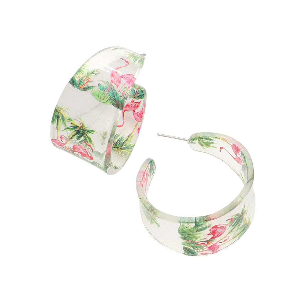 Flamingo Printed Acrylic Hoop Earrings, Made with high-quality acrylic material, they are lightweight and comfortable. The unique flamingo print adds a touch of whimsy, making them perfect for adding a pop of color and personality to your look. Show off your love for flamingos with these fashionable hoop earrings.