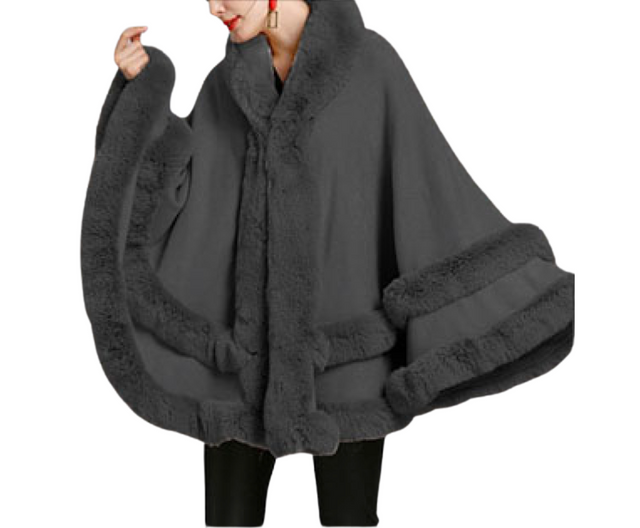 Elegant Faux Fur Trim Knit Poncho Ruana - Grey - Ruanas