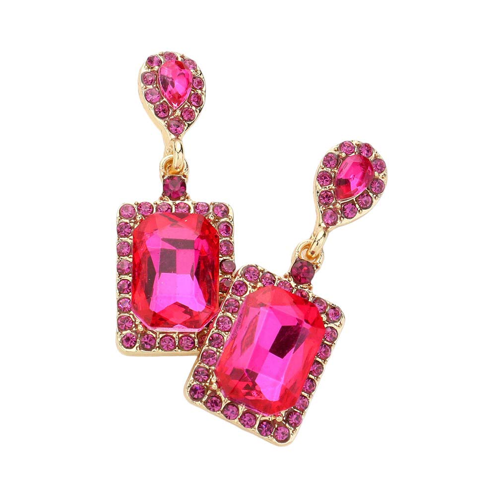 Fuchsia Square Stone Cluster Dangle Evening Earrings, These elegant earrings will add a touch of sophistication to any evening ensemble. With a timeless square stone design and delicate dangle, these earrings are expertly crafted for a flawless look. Elevate your style with these stunning earrings that will make you stand out .