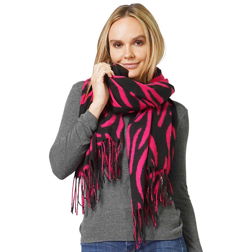 Fuchsia Animal Print Fringe Soft Scarf, delicate, warm, on-trend & fabulous, a luxe addition to any cold-weather ensemble. This scarf combines great fall style with comfort and warmth. It's a perfect weight and can be worn to complement your outfit or with your favorite fall jacket. Perfect gift for any occasion.