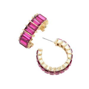 Fuchsia Baguette Stone Cluster Hoop Evening Earrings, Complete your evening look with these stunning evening earrings. Adorned with sparkling baguette stones, these earrings exude elegance and luxury. Hand-crafted with care, these earrings are the perfect accessory for any special occasion. Elevate your style with these.