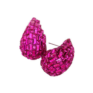 Fuchsia Baguette Stone Embellished Teardrop Earrings, Made of high-quality materials, these earrings add a touch of elegance to any outfit. Featuring a unique teardrop design and sparkling baguette stones, these earrings are perfect for any occasion. With their timeless style and durable construction, they are a must-have.