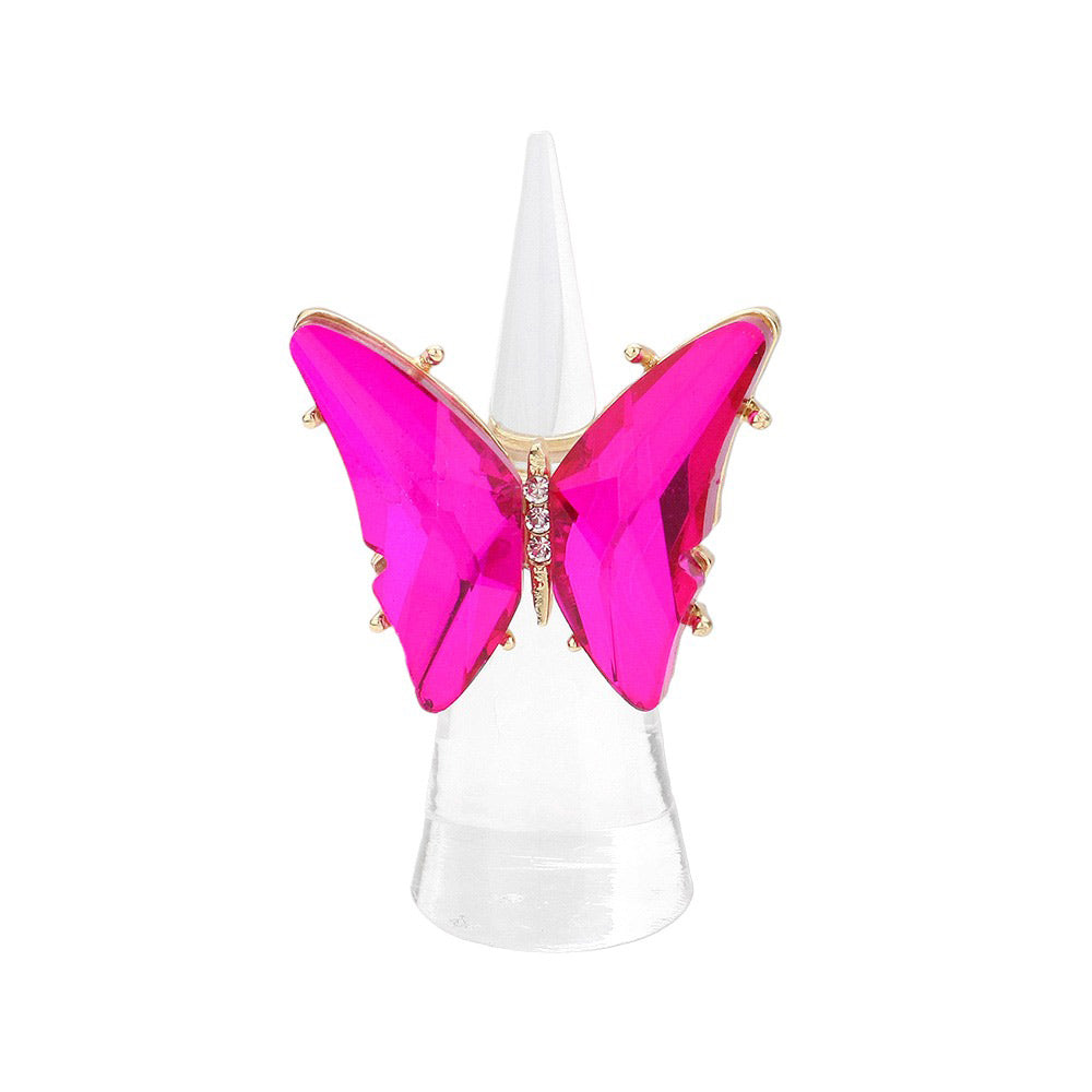 Fuchsia Butterfly Stretch Ring, is a unique piece for your collection. Crafted from gleaming materials for a timeless and elegant look, this stretch ring features an ornate butterfly design for an eye-catching detail. Enjoy the perfect fit and stylish design of this beautiful ring. A perfect gift material to your loved ones.