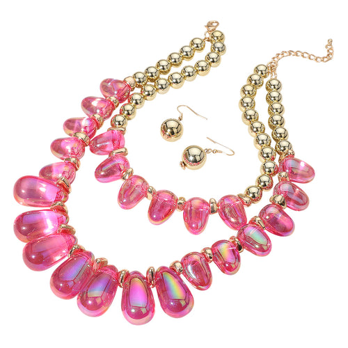 Collar llamativo de doble capa con cuentas gruesas - Fuchsia Gold
