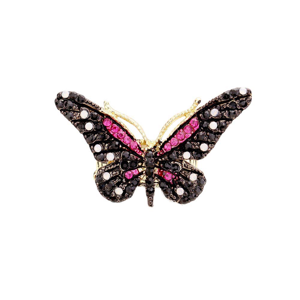 Fuchsia Crystal Pave Butterfly Stretch Ring, Indulge in luxury with this exquisite piece that features a delicate butterfly design adorned with sparkling crystals, adding a touch of glamour to any outfit. The elastic stretch band ensures a perfect fit for all sizes. Elevate your style with this sophisticated accessory.