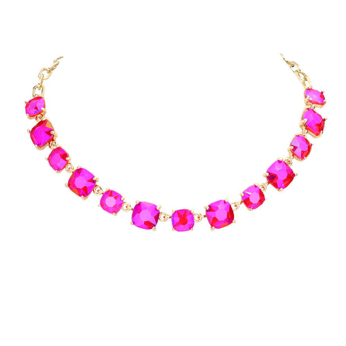 Women's Cushion Square Stone Link Evening Necklace - Fuchsia