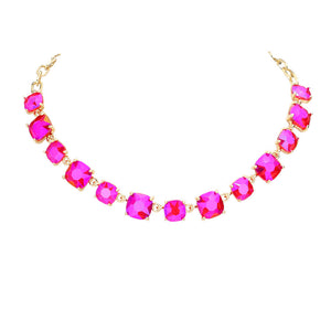 Fuchsia Cushion Square Stone Link Evening Necklace, is the perfect accessory for any occasion. Crafted with attention to detail, this evening necklace will add a touch of glamour to any attire. Perfect Birthday Gift, Mother's Day Gift, Anniversary Gift, Christmas Gift, Valentine's Day Gift, Wedding Party.