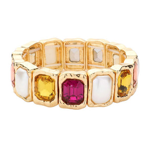 Fuchsia Emerald Cut Stone Pearl Stretch Evening Bracelet, Be the envy of everyone with this. Crafted with a luxurious emerald cut stone and pearls, this bracelet is the perfect accessory for any special occasion or gift and is sure to make an elegant statement. Give your wardrobe a timeless glamour with this beautiful bracelet