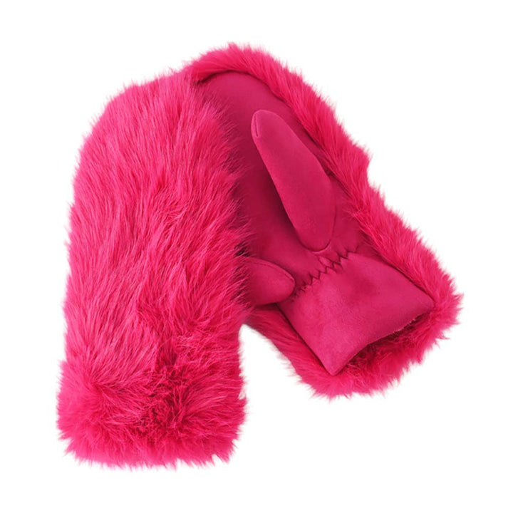 Fuchsia-Faux Fuzzy Fur Mitten Gloves offer warmth and style in one. Made with soft, faux fur material, they are perfect for keeping your hands cozy during the colder months. With their unique mitten design, they provide added protection and functionality. Stay fashion-forward and comfortable with these must-have gloves. 