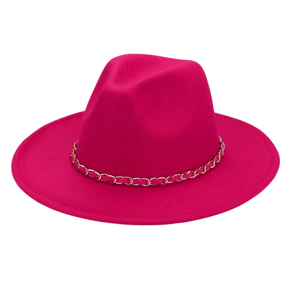 Fuchsia-Faux Leather Braided Chain Band Pointed Fedora Hat offers a sleek and stylish accessory for any outfit. Made with high quality materials, the faux leather and braided chain band add a touch of sophistication to the classic pointed fedora shape. Upgrade your look with this trendy and durable hat.