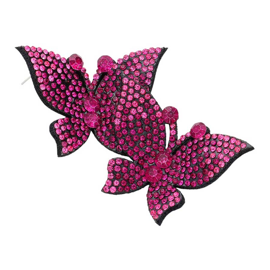 Fuchsia Felt Back Bling Studded Butterfly Earrings, Expertly crafted with a felt backing and studded with delicate butterfly accents, these earrings add a touch of elegance and charm to any outfit. The soft backing ensures comfort while the stunning butterfly design makes for a timeless and versatile accessory.