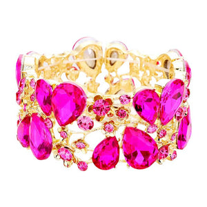 Fuchsia Glass Crystal Teardrop Floral Stretch Evening Bracelet, this timeless evening bracelet is designed with stunning craftsmanship, featuring an intricate floral pattern on a crystal teardrop centerpiece. This is the perfect gift, especially for your friends, family, and the people you love and care about.