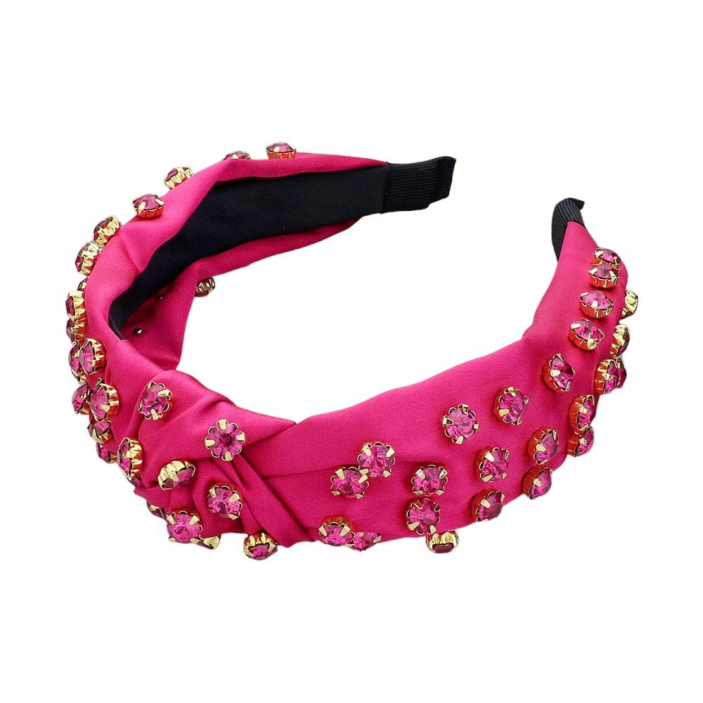 Fuchsia Glass Stone Cluster Decorated Knot Headband, This elegant headband is the perfect accessory for adding a touch of glamour to any outfit. The sparkling glass stones and intricate knot design create a luxurious and stylish look. Made from high-quality materials, this headband is both durable and beautiful.