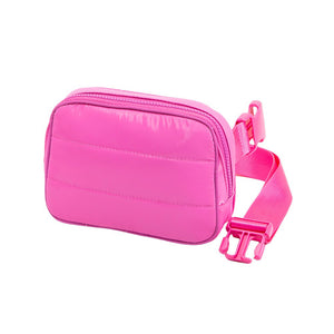 Fuhcsia Glossy Puffer Rectangle Sling Bag Fanny Bag Belt Bag, this stylish is bag made from durable material to ensure maximum protection and comfort. It features a fashionable design with adjustable straps, and secure buckle closure ensuring your valuables are safe and secure. The perfect for any occasion, shopping, etc.