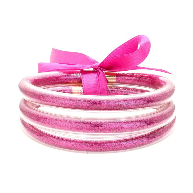 Fuchsia Gold 3PCS Glitter Jelly Tube Bangle Bracelet, Introduce some sparkle to your accessory collection with our bracelet set. Made with high-quality materials, these bracelets are both durable and eye-catching. This stunning bracelet set is the perfect winter gift, adding a touch of sparkle to your loved ones accessories!