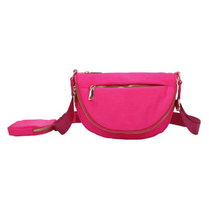 Fuchsia Half Round Solid Nylon Crossbody Bag, is made of nylon, making it lightweight and durable. The adjustable shoulder strap ensures it will be comfortable to carry. The half-round shape adds a unique look to this bag, making it a great choice for any occasion. Perfect gift for fashion-forwarded family members and friends.