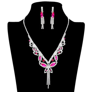 Fuchsia Marquise Round Stone Butterfly Rhinestone Jewelry Set, is crafted using marquise stones and delicate rhinestones, perfect for adding some sparkle to your look. The set includes an adjustable necklace, earrings, and bracelet, making it a perfect accessory for any special occasion outfit. Perfect gift idea.