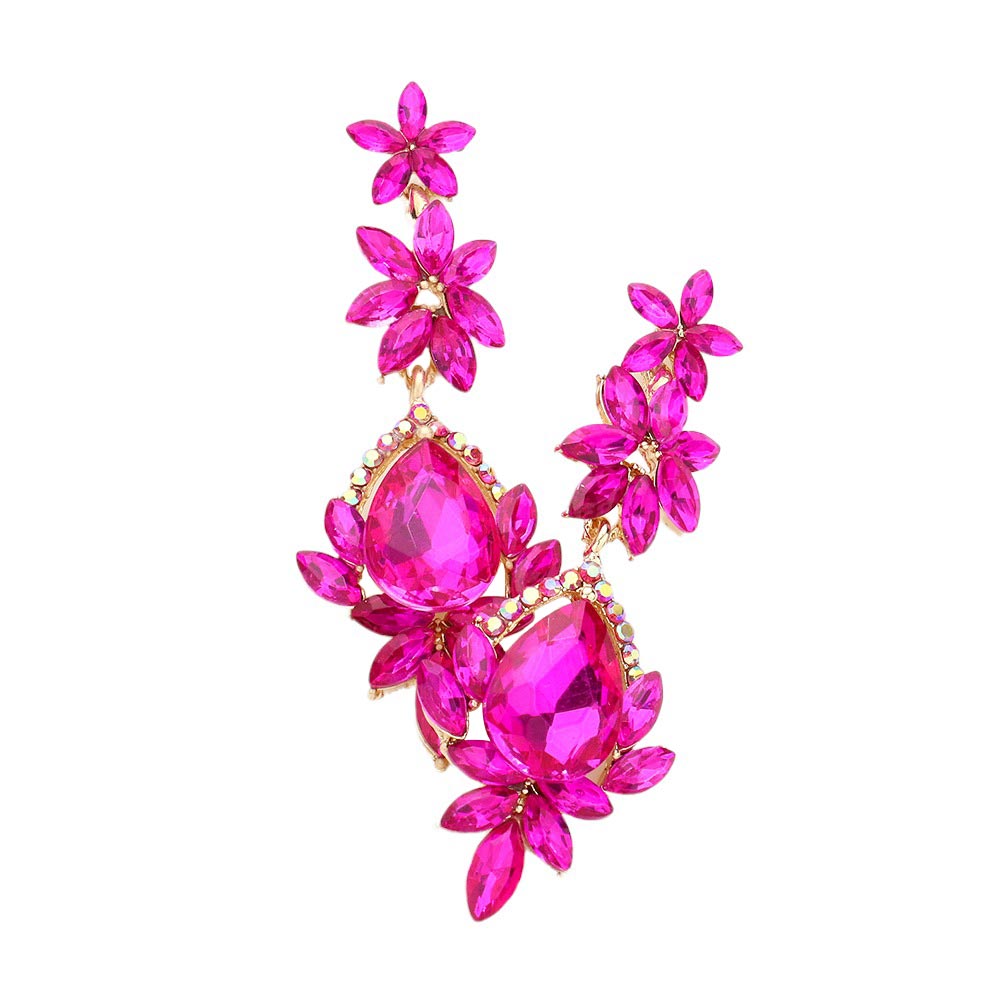 Fuchsia Marquise Stone Teardrop Floral Dangle Evening Earrings, will make any ensemble pop! Featuring an intricate floral design and marquise-cut stones, will surely turn heads. These earrings offer long-lasting durability and shine, making them perfect for any special occasion or as an ideal gift. Make a statement with these!