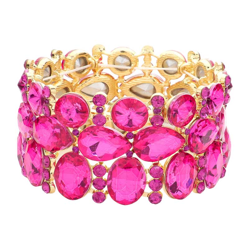 Fuchsia Multi Stone Cluster Evening Stretch Bracelet classy glass bracelet adds a gorgeous glow to your special occasion ensemble for a polished look. Birthday Gift, Anniversary, Valentine's Day, Christmas, Navidad, Cumpleanos, Mother's Day, Prom, Wedding Bridal, Quinceanera, Sweet 16, Novias, Dia de Madre, Novia