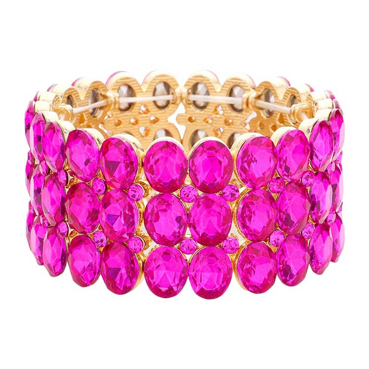 Fuchsia Oval Stone Cluster Stretch Evening Bracelet, This beautiful bracelet features an elegant design with 14K rose gold plated accents and center stones for a stunning, eye-catching look. Enjoy the comfort of the elasticized fit and the glamour of special occasions. Perfect for your next formal event or evening out.