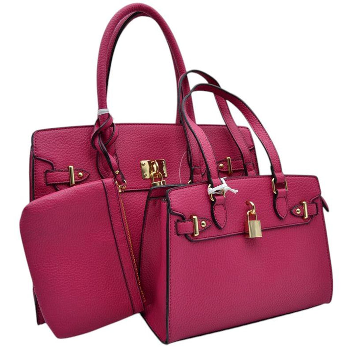 Fuchsia-Padlock Accent 3 in 1 Twin Tote-Satchel Value Set includes a wallet for added convenience. With a stylish padlock accent, this set is perfect for everyday use and travel. Made with high-quality materials, it offers durability and functionality. Get both fashion and functionality with this value set. 