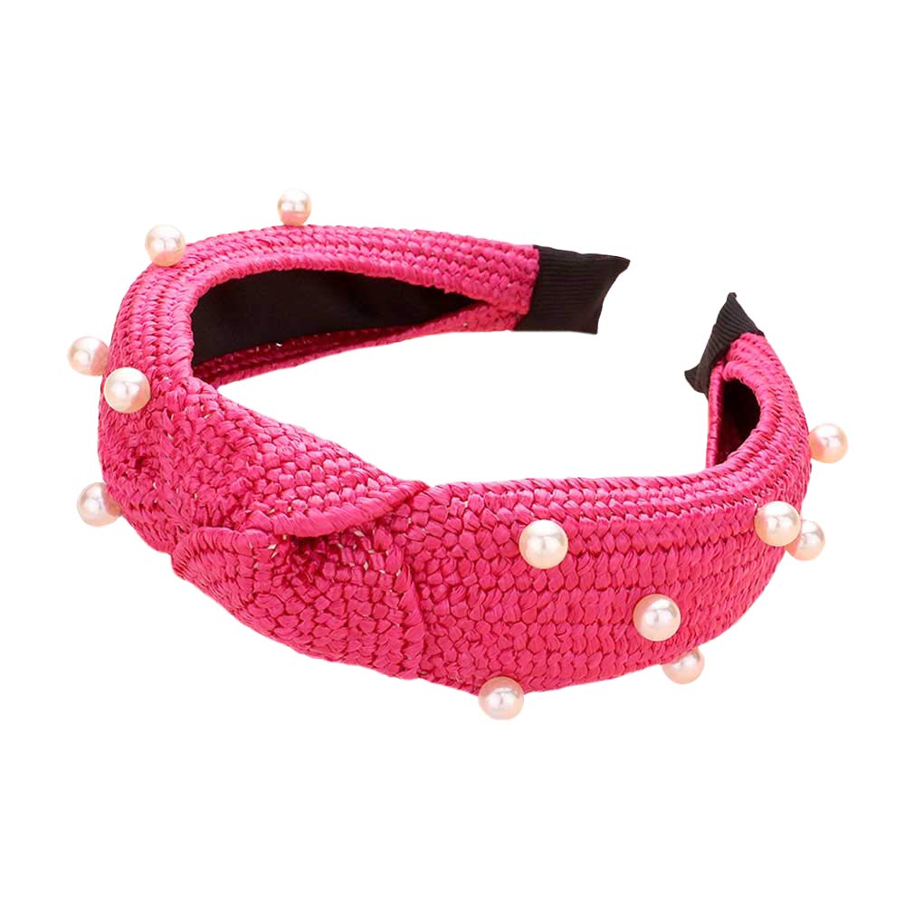 Fuchsia Pearl Embellished Straw Knot Burnout Headband, create a beautiful look while perfectly matching your color with the easy-to-use straw knot burnout headband. Push your hair back and spice up any plain outfit with this straw knot burnout headband! 