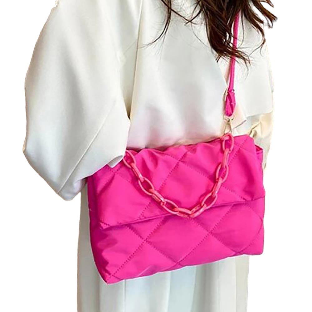 Fuchsia Quilted Padded Flap Shoulder Bag Crossbody Bag, this bag is expertly crafted for both style and functionality. With its padded design and quilted detailing, this bag offers both a stylish and comfortable way to carry your essentials. The flap closure adds an extra layer of security, perfect for daily or occasional use.