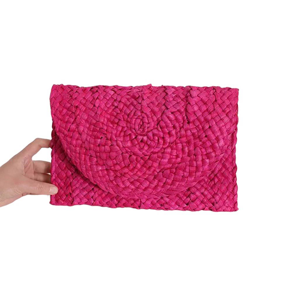 Fuchsia Rattan Braided Clutch Bag, This vintage-inspired bag is handmade and eco-friendly. The intricate braided design adds a touch of bohemian style to your outfit. Made from sustainable materials, this bag is not only stylish but also environmentally conscious. Upgrade your accessory game with this unique clutch bag.
