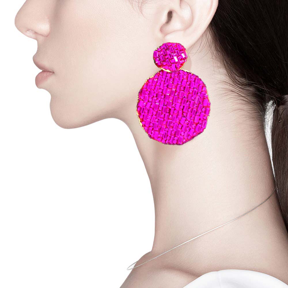 Fuchsia Rectangle Stone Accented Disc Linked Earrings, feature a modern and eye-catching design. Rectangular stones are bordered by beginner-friendly disc-shaped links for a beautiful blend of texture and shine. Wear them to add a touch of sparkle to any outfit.