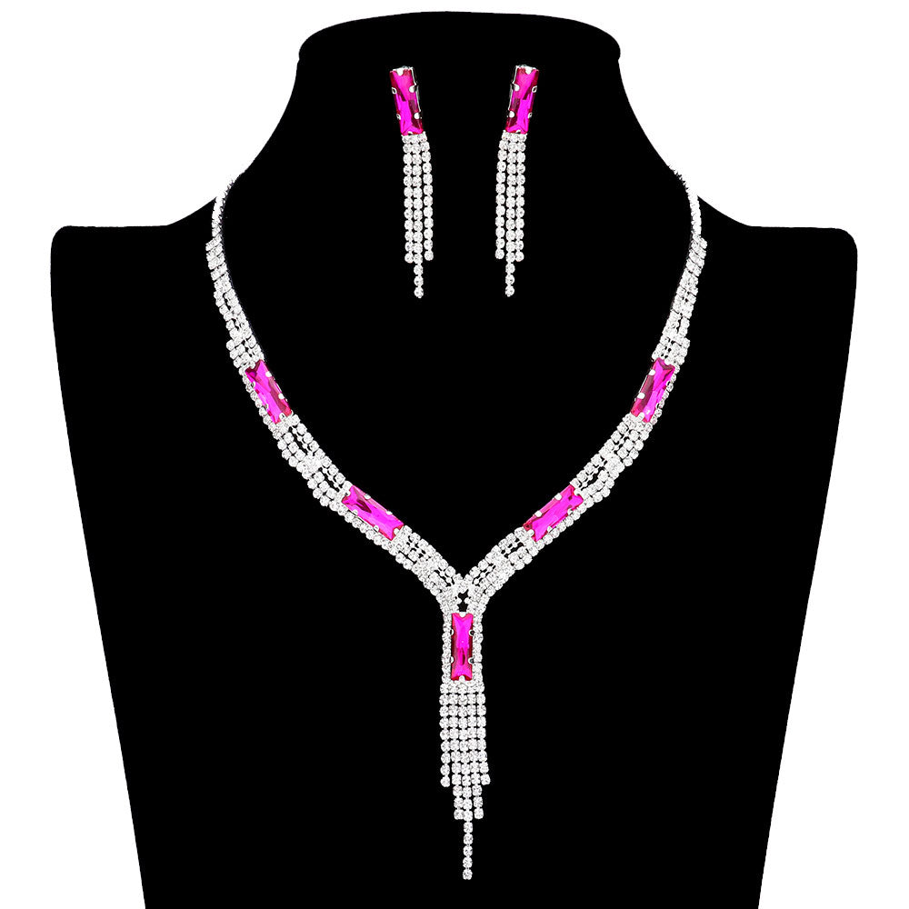 Silver Rectangle Stone Accented Rhinestone Fringe Tip Jewelry Set, perfect for adding a touch of elegance to any special occasion outfit. Featuring a beautiful rectangle stone accent, this necklace and earring set will be a unique addition to any jewelry collection. Perfect gift choice for loved ones on any special day.