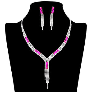 Fuchsia Rectangle Stone Accented Rhinestone Fringe Tip Jewelry Set, perfect for adding a touch of elegance to any special occasion outfit. Featuring a beautiful rectangle stone accent, this necklace and earring set will be a unique addition to any jewelry collection. Perfect gift choice for loved ones on any special day.