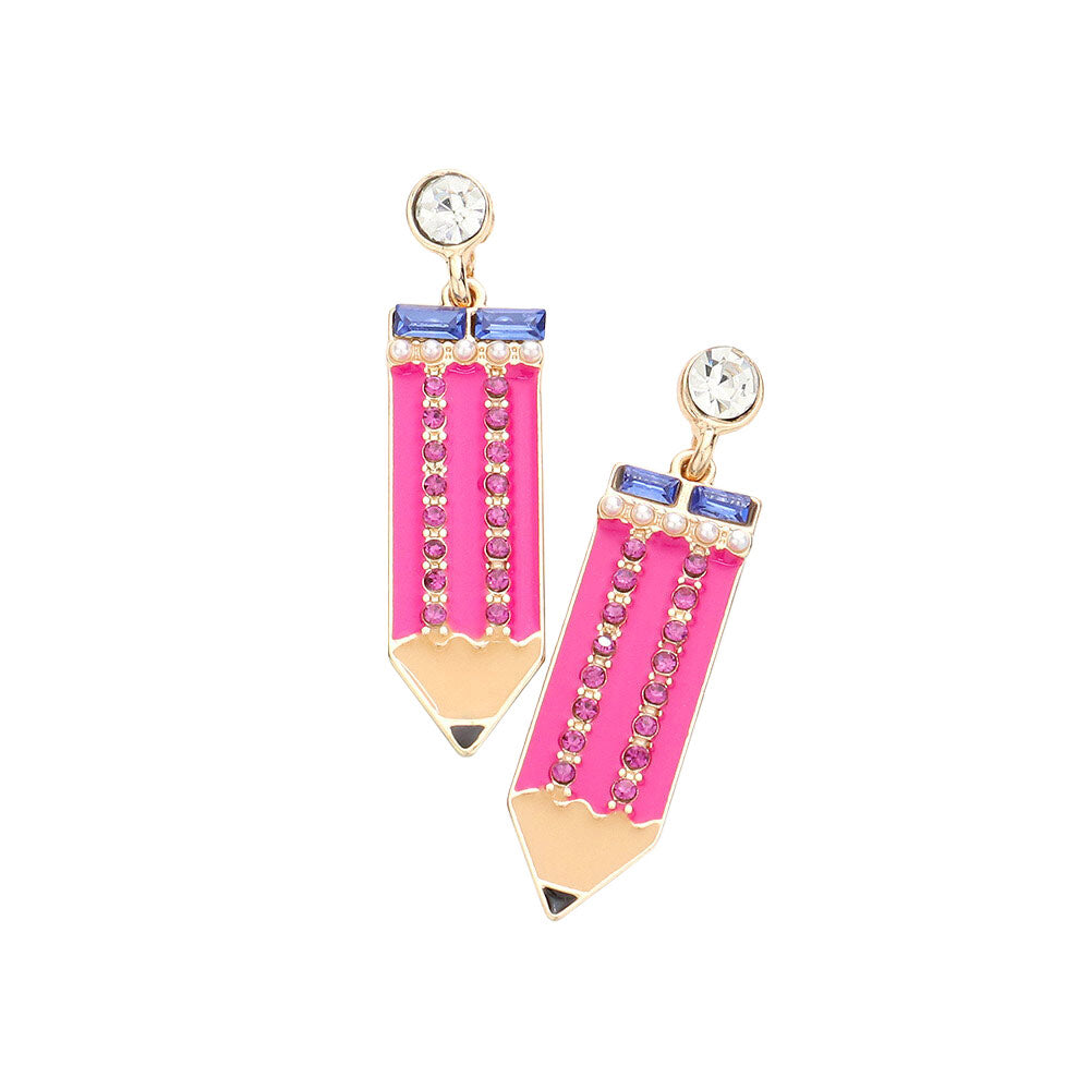 Pink Rhinestone Embellished Enamel Pencil Dangle Earrings, turn your ears into a chic fashion statement with these Rhinestone Pencil earrings! These pencil dangle earrings are very lightweight and comfortable, you can wear these for a long time on special occasions. The beautifully crafted design adds a gorgeous glow to any outfit.