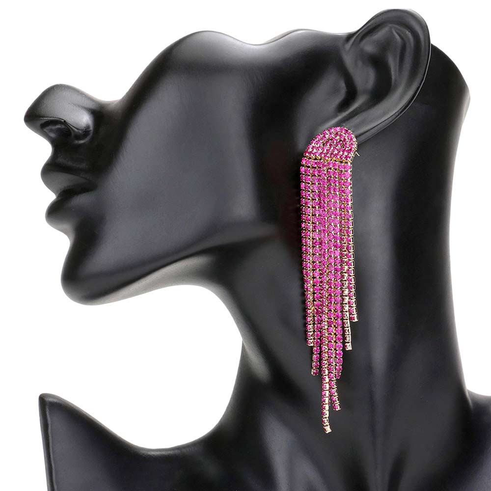 Fuchsia Rhinestone Fringe Drop Evening Earrings, are the perfect way to elevate any evening look. Perfect for special occasions or nights out. These classy evening earrings are perfect for parties, weddings, and evenings. Awesome gift for birthdays, anniversaries, Valentine’s Day, or any special occasion.