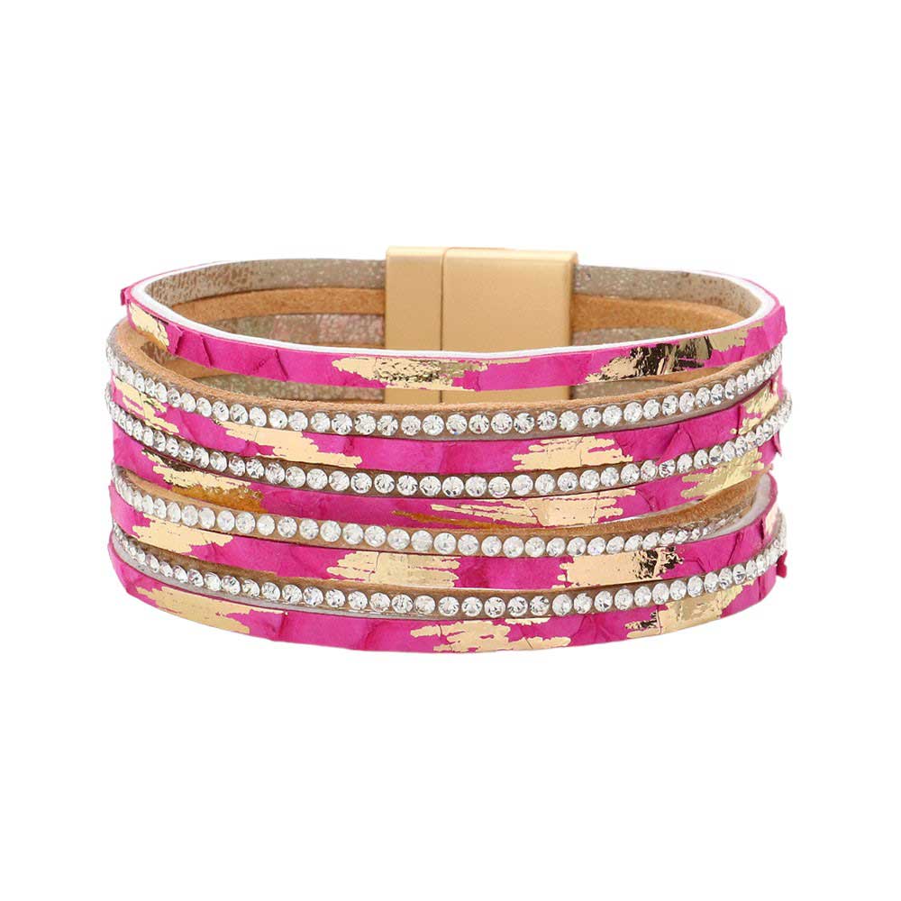 Fuchsia Rhinestone Paved Chain Faux Leather Magnetic Bracelet, Add a touch of luxury to your wrist with our exquisite bracelet. The sparkling rhinestones and elegant chain design exude sophistication and style. The faux leather and magnetic closure provide comfort and ease of wear. Elevate your outfit with this exclusive piece